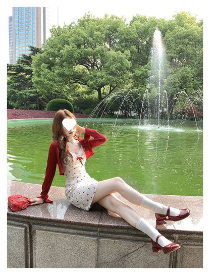 Plus Size Fat mm French Sweet Sexy Sweet Contrasting Suspender Skirt Women's Summer Red Cardigan + Floral Skirt Two-Piece Set