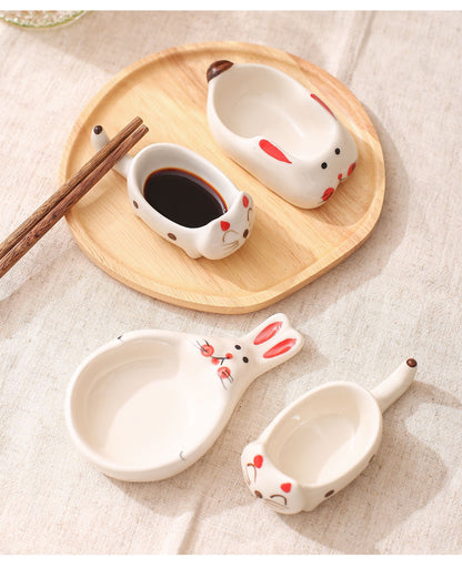 Creative Cartoon-Style Ceramic Dish with Chopstick Holder, Small Household Dish, Seasoning Dish, Hot Pot Dipping Dish, Condiment Dish