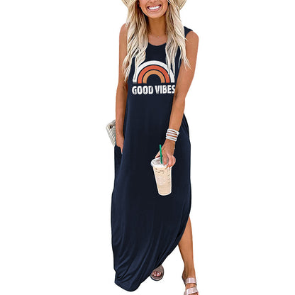 Spot Amazon Independent Station Ebay Women's Dress Good Vibes Rainbow Flap Pocket Pants Casual Sleeveless Long Skirt