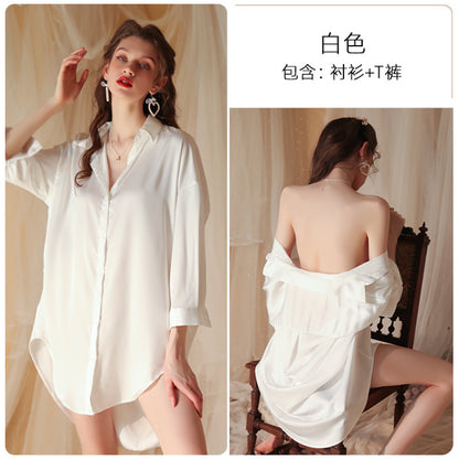Sexy Pajamas Women 2024 Summer Shirt Dress Boyfriend Wind Long Charming Nightgown Lace Shorts suit Women