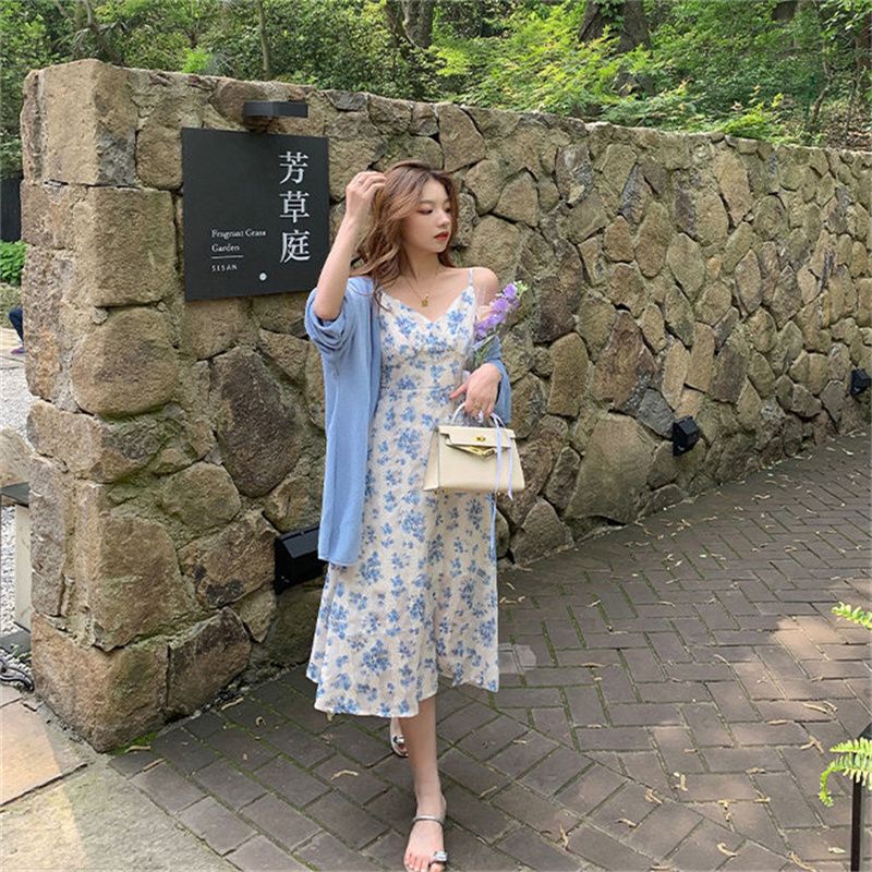 2025 Summer Women's Floral Dress Short Tall French Style V-Neck Strap Casual Dress