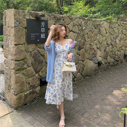 2025 Summer Women's Floral Dress Short Tall French Style V-Neck Strap Casual Dress