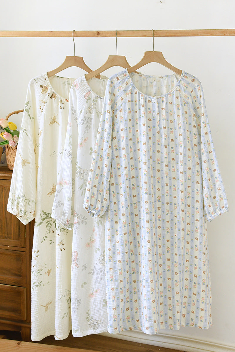 Crewneck Nightdress Women's Pajamas Spring and Autumn Cotton Long-sleeved dress Spring and Summer suit Cartoon Home Clothes for Women