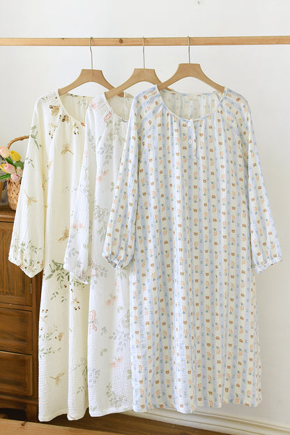 Crewneck Nightdress Women's Pajamas Spring and Autumn Cotton Long-sleeved dress Spring and Summer suit Cartoon Home Clothes for Women