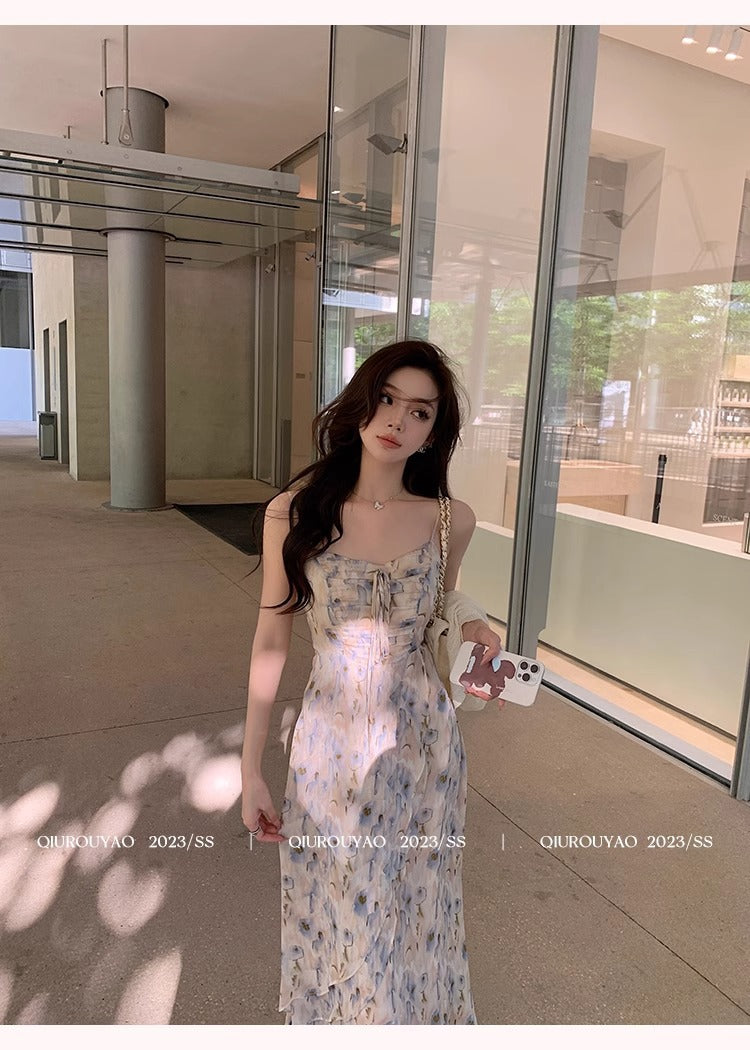 French Style Waisted Gentle Floral dress Women's Seaside Beach Vacation Fairy dress Elegant Pure Slip Dress