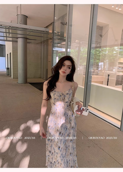 French Style Waisted Gentle Floral dress Women's Seaside Beach Vacation Fairy dress Elegant Pure Slip Dress