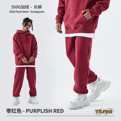 Tilani Men's Clothing European and American Trendy Brand High Quality 350g Fleece-Lined Thick Men's and Women's Hooded Sweatshirt and Sweatpants Pure Color Suit