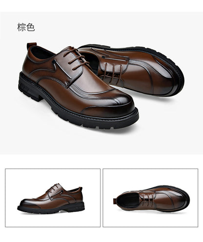 Men's Business Casual Leather Shoes with Large Toe, Thick Sole, Lace-Up, Hollow-Out Design, Fashionable British Style, Versatile Formal Men's Shoes, Breathable