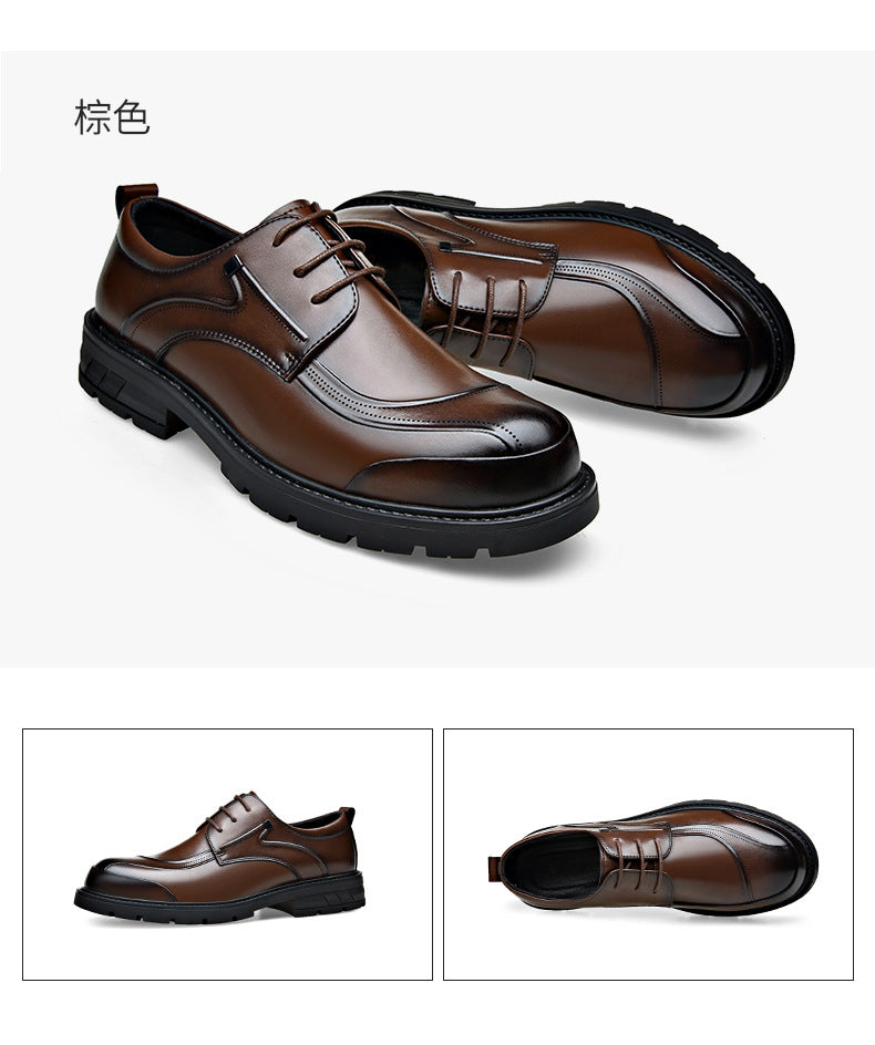 Men's Casual Leather Shoes Popular Lace-Up Round Toe Thick Sole Big Head Brown Fashion British Versatile Business Formal Men's Shoes