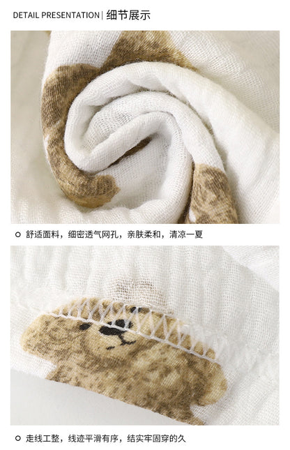 Children's Thin Double-Layer Gauze Pajamas Two-Piece Set Summer Girls Home Clothes Baby Boy Long-Sleeved Bloomers Set