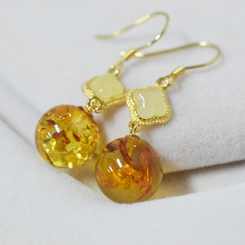 Amber Beeswax Earrings Light Luxury High-end Women's Earrings New Chinese Style National Style Ear Studs Popular Style Natural Real Jewelry