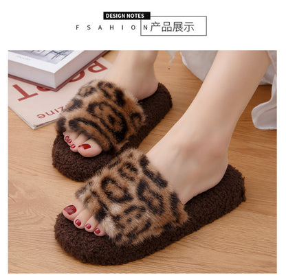 2025 Autumn and Winter Furry Slippers, Leopard Print, Retro Fashion, Home Lazy Soft Sole, Comfortable Home Slippers