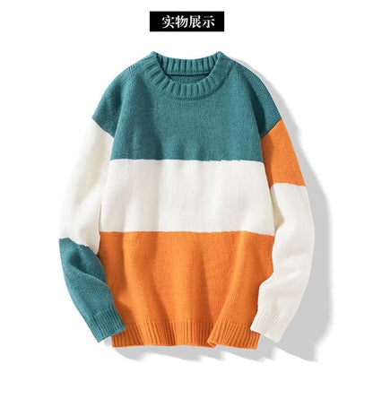 2023 autumn and winter new men's striped sweater men's casual trendy bottoming shirt color matching pullover trendy brand sweater men