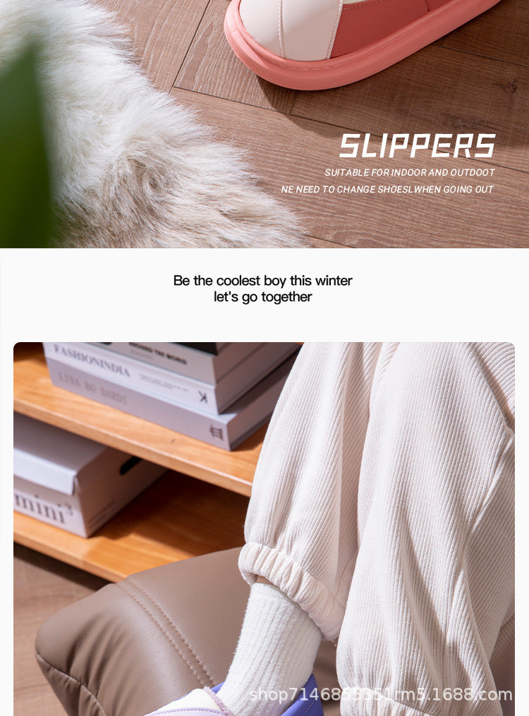 New Leather Waterproof Cotton Slippers for Women in Winter Indoor Thick-Soled Warm Home Fleece-Lined Bag and Couple Wool Slippers for Men