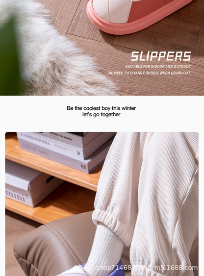 New Leather Waterproof Cotton Slippers for Women in Winter Indoor Thick-Soled Warm Home Fleece-Lined Bag and Couple Wool Slippers for Men