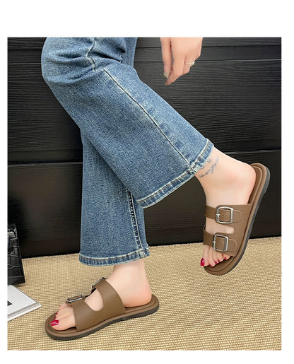 Cross-Border Slippers for Women Summer Flat Slippers Southeast Asia New Double Buckle Foreign Trade Fashion Outer Wear Beach Sandals