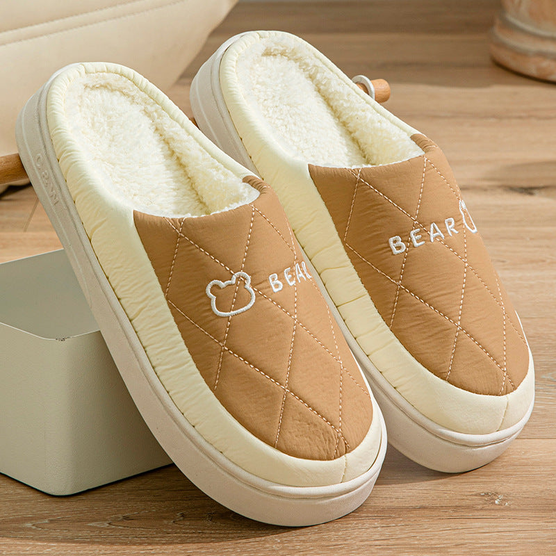 Winter Cotton Slippers for Women, Non-Slip, Warm and Velvet, Couple Style Indoor Cartoon Furry Shoes, Half-Pack Heel Home Shoes for Men