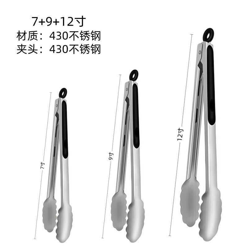 Cross-Border High-Temperature Resistant Steak Grilling Tongs 430 Stainless Steel Anti-Scalding Thickened Barbecue Tongs Kitchen Tools Food Tongs