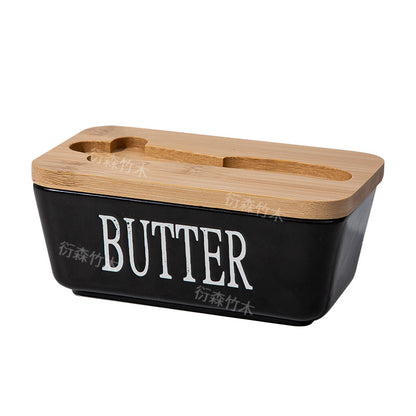 Ceramic Butter Box Rectangular Butter Sealing Box Cuttable Refrigerated Refrigerator Cheese Storage Box with Wooden Lid Butter Dish