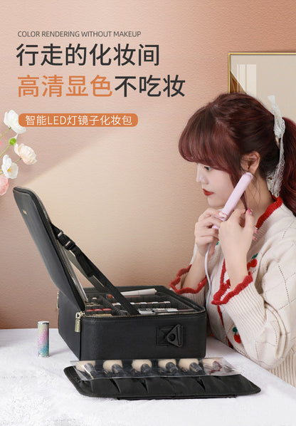 Cosmetic Bag with mirror with light large capacity makeup cosmetic storage bag portable travel removable partition bag