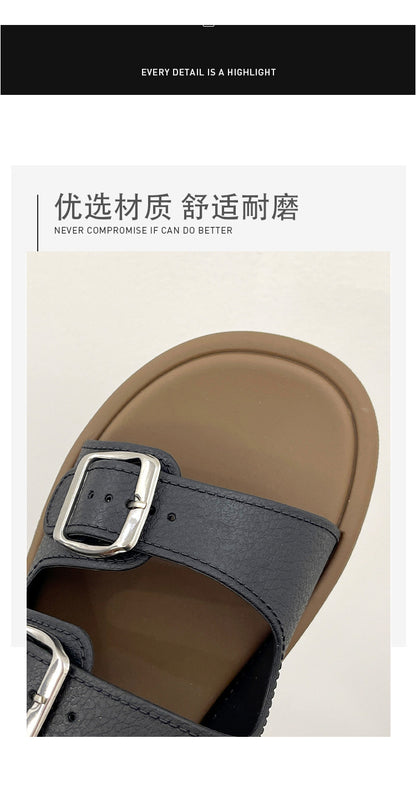 Cross-Border Slippers for Women Summer Flat-Soled Double-Strap Double-Buckle Slippers Southeast Asia New Foreign Trade Fashion Outer Wear Beach Sandals