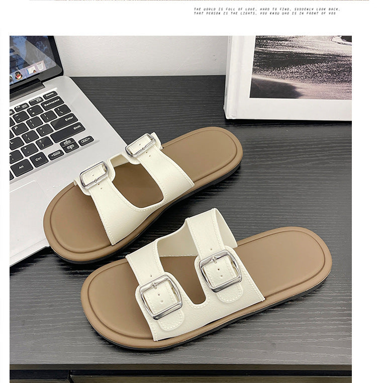 Cross-Border Slippers for Women Summer Flat Slippers Southeast Asia New Double Buckle Foreign Trade Fashion Outer Wear Beach Sandals
