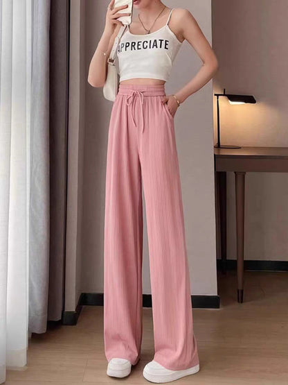 Ice Silk Wide-Leg Pants for Women, Summer Thin High-Waisted Drape Cool Mosquito-Proof Sun-Protective Casual Versatile Floor-Length Straight Pants