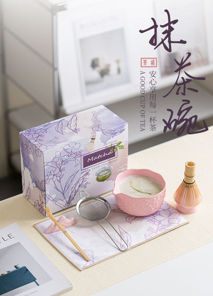 Directly Supplied from the Manufacturer, Exclusively for Cross-Border Trade, Ceramic Matcha Bowl Set with Embossed Cherry Blossom Design, 7-Piece Set with Spout, High Aesthetic Value, Color Box Packaging