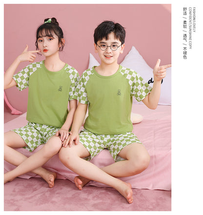 Children's Pajamas, Pure Cotton, Summer Short-Sleeved Shorts Set for Boys, Home Clothes for Girls, Air-Conditioned Clothes for Middle-Aged and Older Boys