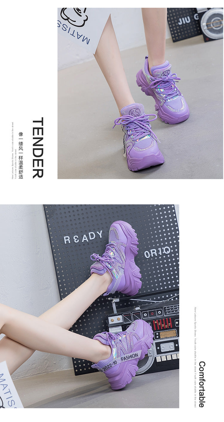 2026 Spring and Autumn Style Dad Shoes, Internet Celebrity Rhinestone Breathable Genuine Leather Shoes for Petite People, Popular Purple Thick-Soled Sports Shoes, Trendy on Instagram