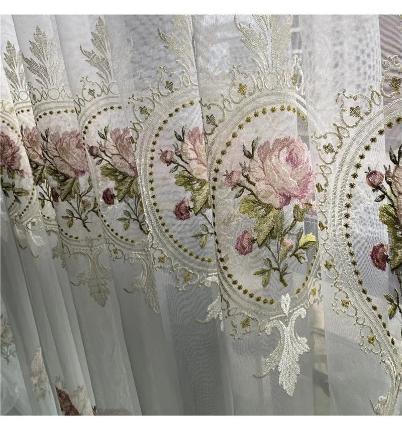American Luxury Peony Embroidery Tulle Curtains for Living Room European Elegant Flower Embroidered Sheer Voile Bedroom Window