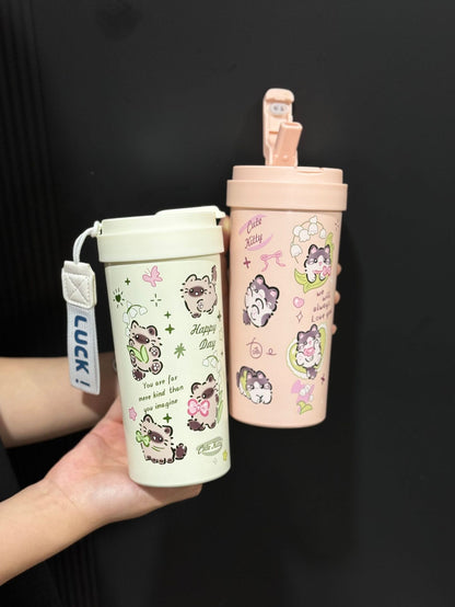 New cute thermos cup 316 stainless steel coffee cup portable double drink portable men's and women's straw accompanying cup