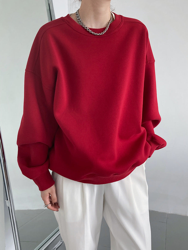 Luxi 2025 Autumn and Winter New Style Velvet Thickeneded Burgundy Sweatshirt for Women Korean Style Normcore Long-Sleeved Pullover Top 2628
