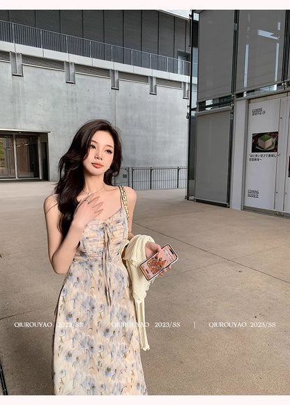 French Style Waisted Gentle Floral dress Women's Seaside Beach Vacation Fairy dress Elegant Pure Slip Dress