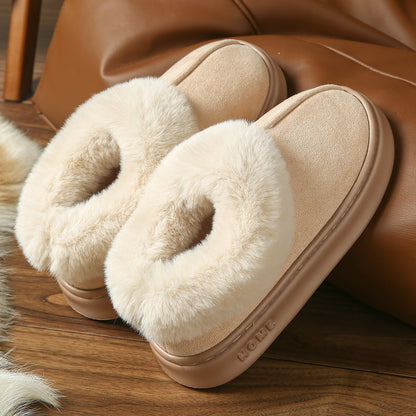 2025 Cross-Border New Pure Color Suede Splicing Home Slippers Thick-Soled Non-Slip Plush Warm Couple Cotton Shoes for Women