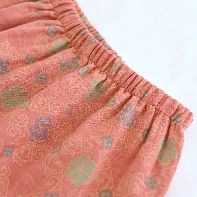 Yarn-dyed cotton pajamas women's summer short-sleeved printed summer retro loose home wear three-piece set can be worn outside