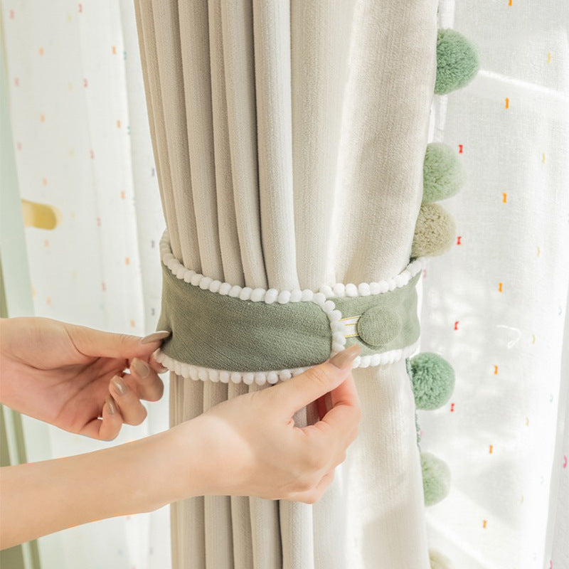 Cream-Colored Chenille Blackout Curtains for Children's Room, Sleeping Beauty Style, with Pom-Pom Design, Custom-Made Finished Product