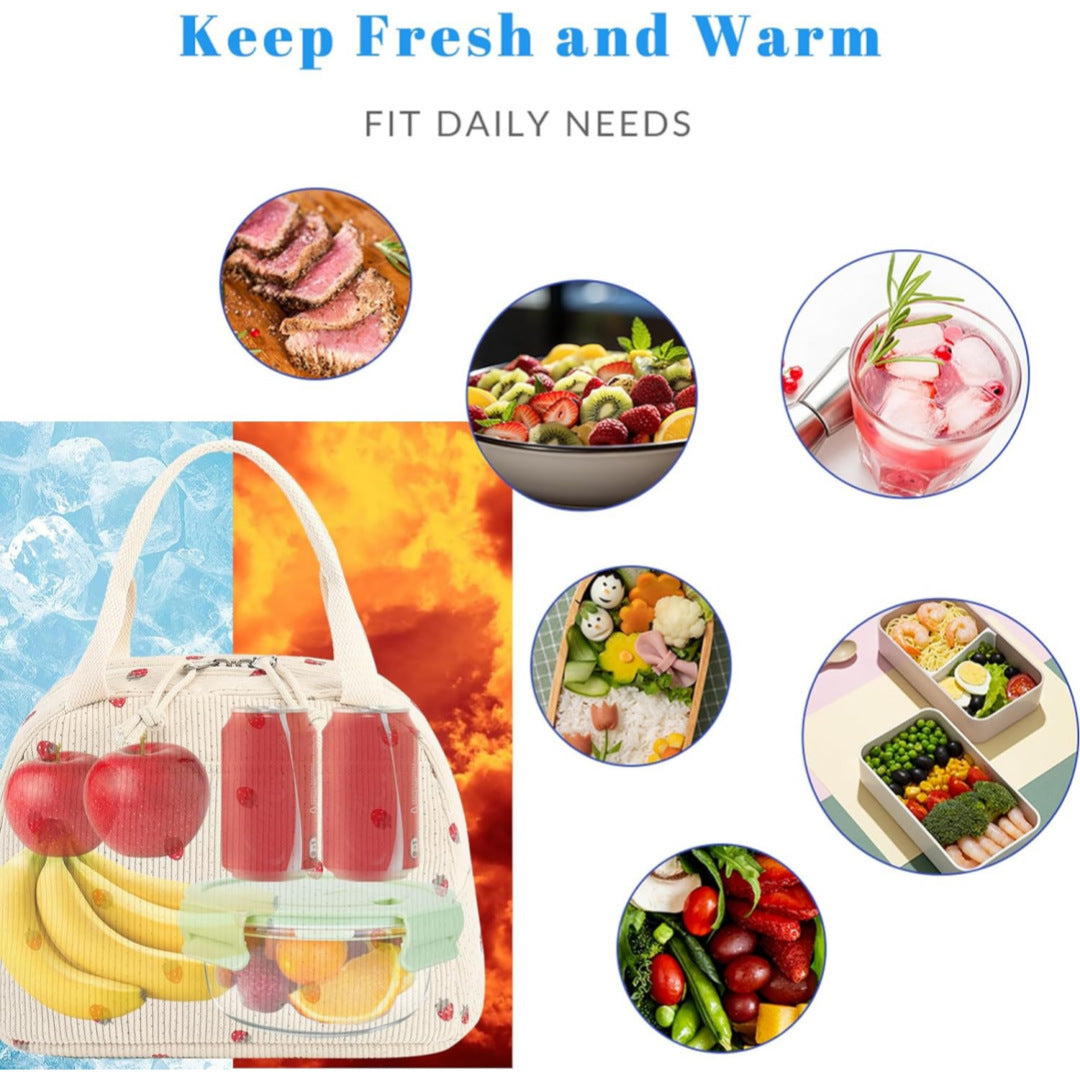 Cross-Border New Product Corduroy Printed Portable Lunch Bag Large Capacity Travel Picnic Ice Bag Work Insulation Bag