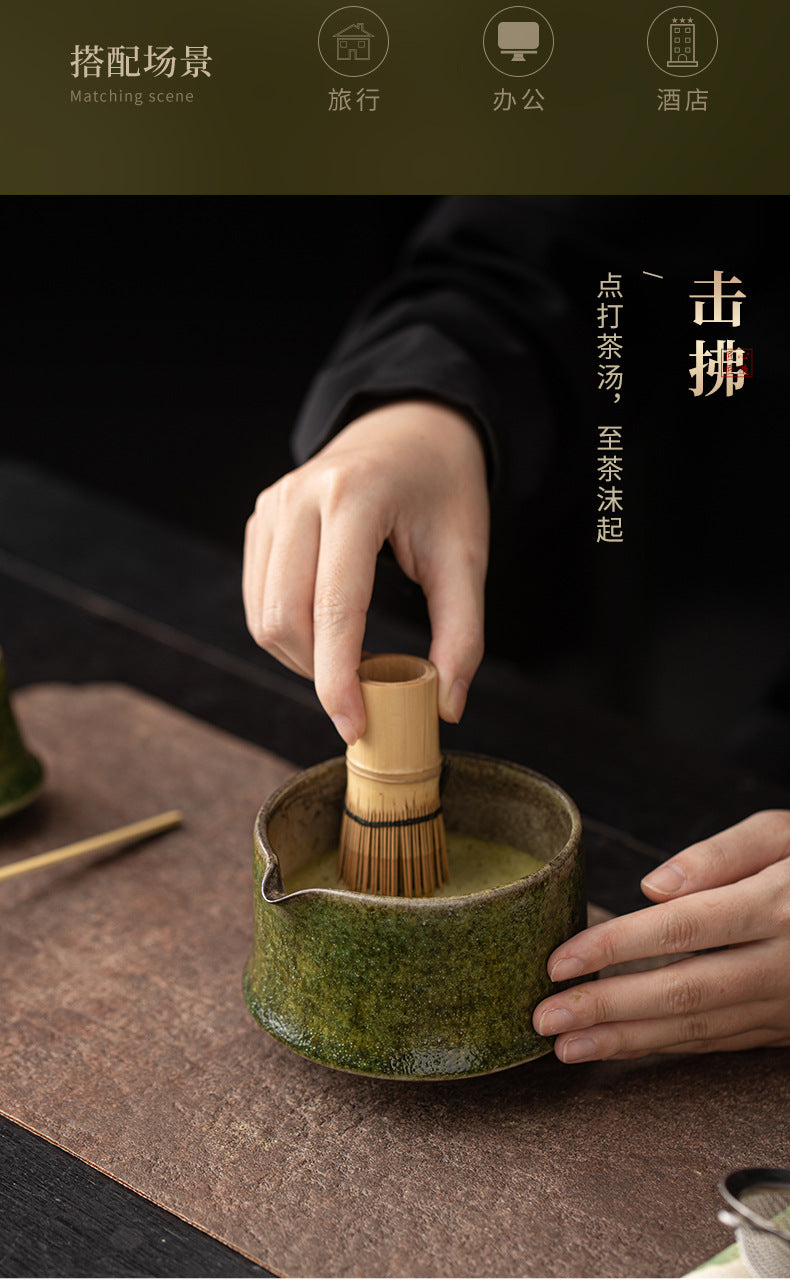 Yao Bian Bamboo Style Ceramic Matcha Four-Piece Set Japanese Matcha Making Tools Tea Bowl Tea Whisk Stand Tea Brush Tea Spoon Accessories