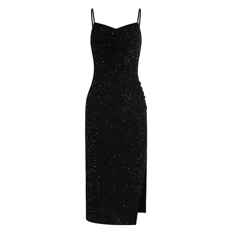 2024 Summer New Korean-style Hepburn Black Dress Mid-length Slimming Sequin Split Slim Sling Sexy dress