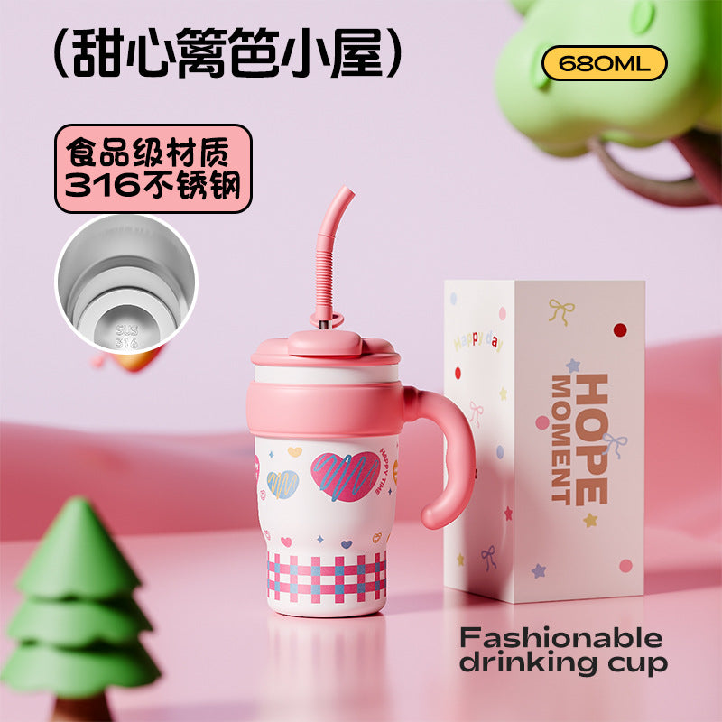New Model Giant Double Drinking Straw Thermos Cup, Large Capacity Water Bottle for Women, High Aesthetic Value, Ice-Retaining with Handle