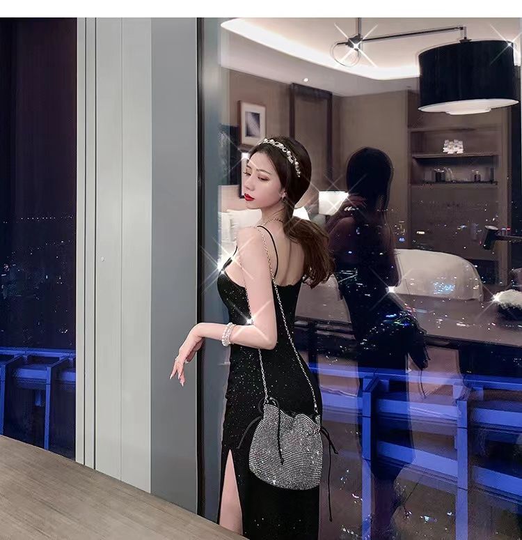2024 Summer New Korean-style Hepburn Black Dress Mid-length Slimming Sequin Split Slim Sling Sexy dress