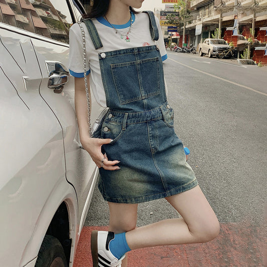 YC & American Retro Sweet Girl Strap Skirt A- line Skirt Slimming Joker dress Denim Skirt Spring and Summer by PDG ibma