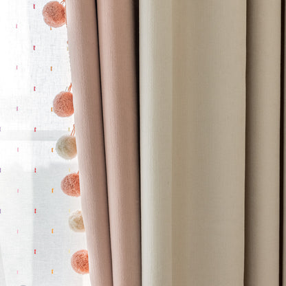 Cream-Colored Chenille Blackout Curtains for Children's Room, Sleeping Beauty Style, with Pom-Pom Design, Custom-Made Finished Product