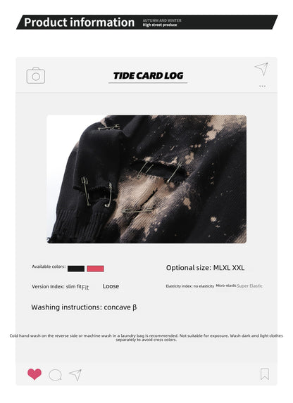 TIDE CARD LOG | Autumn and winter high street fashionable design faded pin ripped couple round neck loose sweater
