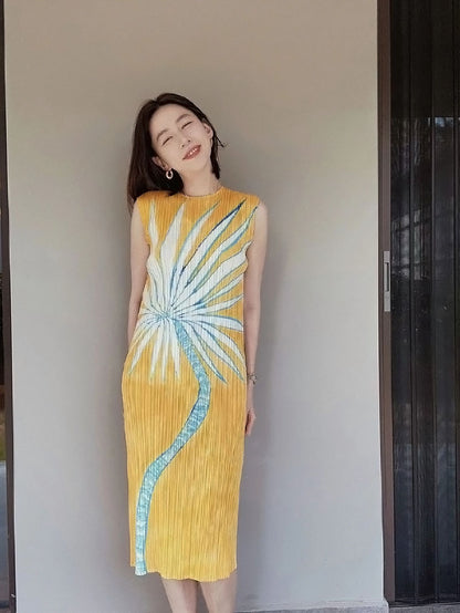 In Stock Miyake Dress Printed Elegant Elegant High-End Loose Slimming Look Elegant Round Neck Sleeveless Pleated Skirt