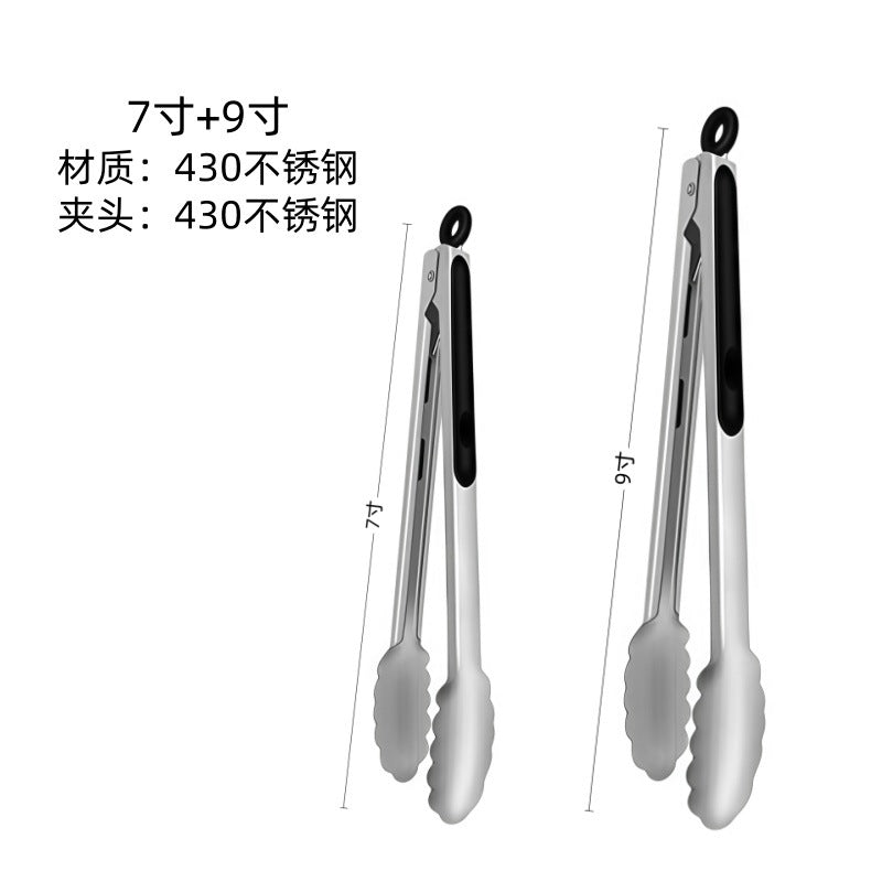 Cross-Border High-Temperature Resistant Steak Grilling Tongs 430 Stainless Steel Anti-Scalding Thickened Barbecue Tongs Kitchen Tools Food Tongs