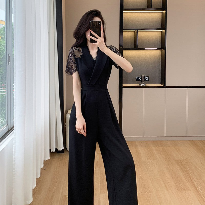 Cross-border High Leng Yujie Style Pants Women's Summer Short-sleeved High Waist Lace Stitching Hollow-out Pants Straight Pants
