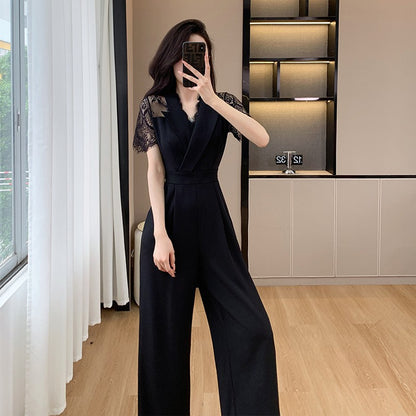 Cross-border High Leng Yujie Style Pants Women's Summer Short-sleeved High Waist Lace Stitching Hollow-out Pants Straight Pants