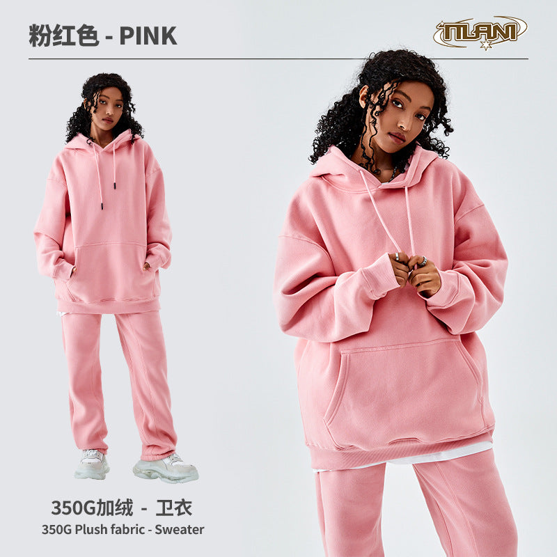 Tilani Men's Clothing European and American Trendy Brand High Quality 350g Fleece-Lined Thick Men's and Women's Hooded Sweatshirt and Sweatpants Pure Color Suit